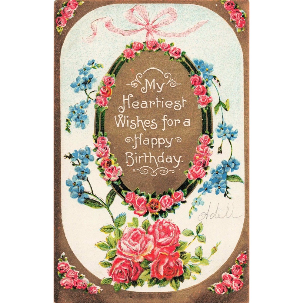 Antique Embossed Birthday Postcard Pink Roses Blue Forget-Me-Nots Germany 2132 - Picture 1 of 2